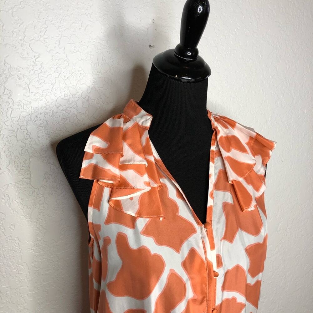 LOFT orange cream ruffle trim button front silk dress size 6 Petite 6P - Picture 2 of 16